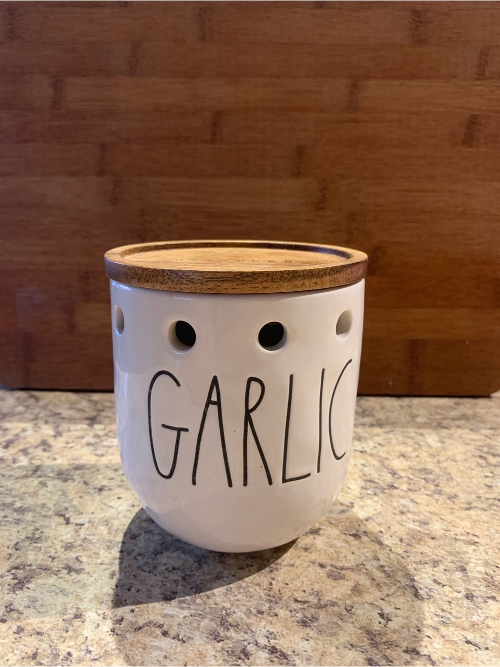 Rae Dunn White Ceramic Garlic Keeper with Wood Lid